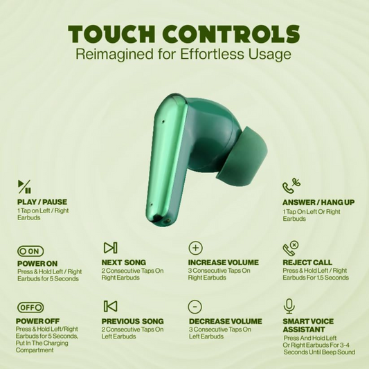 Airdec X-Buds PRO |50-Hour Playback Life | Ideal for Music | Two Bluetooth Pairing Modes | Green and True Wireless