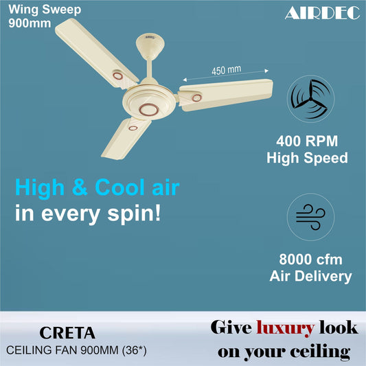 AIRDEC Raptor Ultra High Speed 1 Star 600 mm 4 Blade Ceiling Fan (Energy Saving | Lvory | Pack of 2)